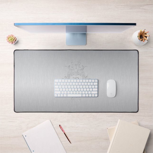 Grey Frane and Brushed Aluminium Custom Initial Desk Mat (Office 1)