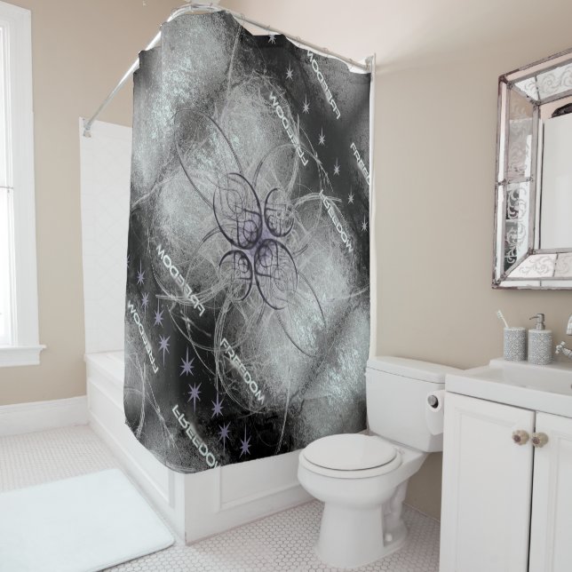 Grey Freedom with stars, fractal & stone patterns Shower Curtain (In Situ)