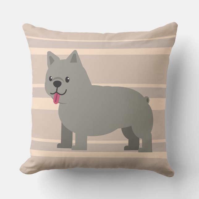 Grey French Bulldog, Beige Striped Cushion (Front)