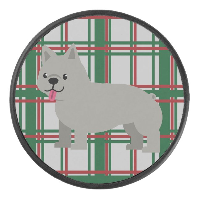 Grey French Bulldog, Christmas Plaid Hockey Puck (Front)