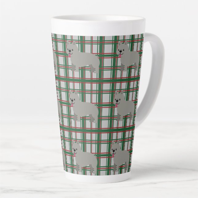 Grey French Bulldog, Christmas Plaid Latte Mug (Right Angle)