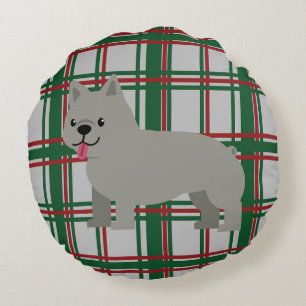 Grey French Bulldog, Christmas Plaid Round Cushion