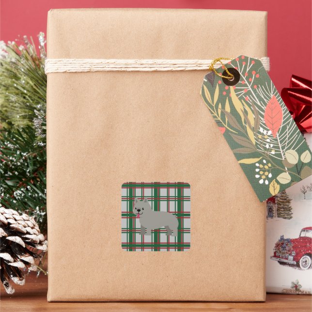 Grey French Bulldog, Christmas Plaid Square Sticker (Holiday)