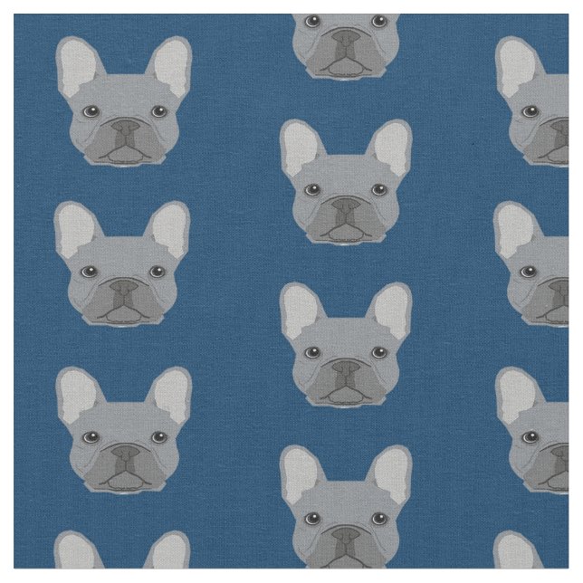 Grey French Bulldog Faces Navy Blue Fabric (Close Up)
