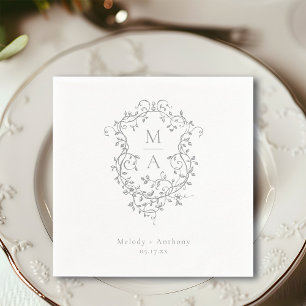 Grey French Floral Crest Classic Wedding Napkin