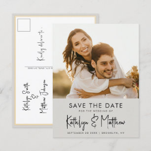 Grey Fun Script Modern Photo Minimalist Wedding Sa Announcement Postcard