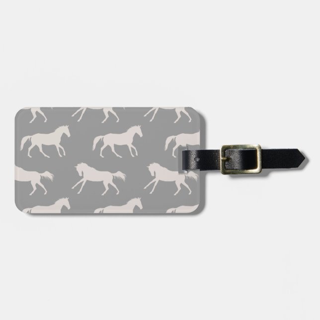 Grey Galloping Horses Pattern Luggage Tag (Front Horizontal)