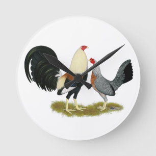Grey Game Fowl Pair Round Clock
