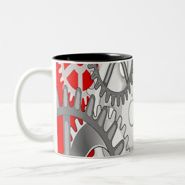 Grey gears on a red background Two-Tone coffee mug (Left)