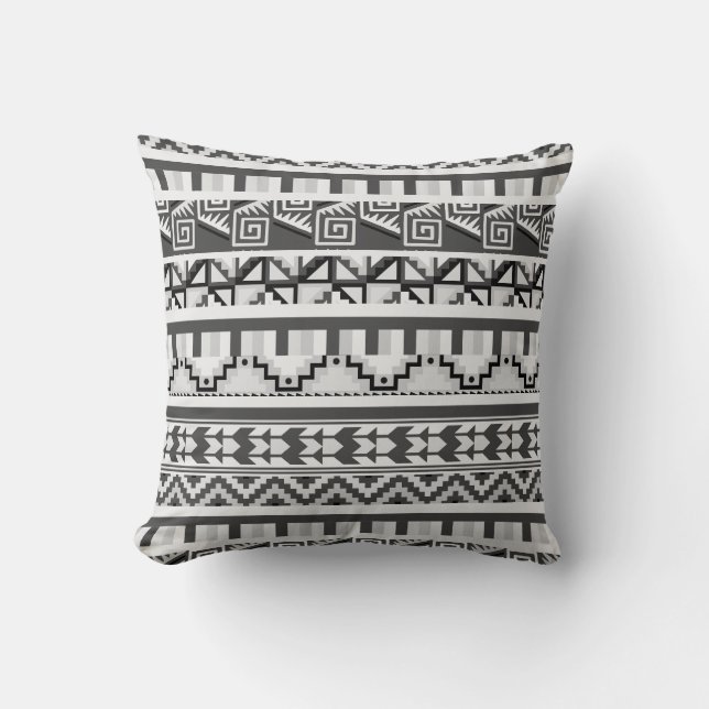 Grey Geometric Abstract Aztec Tribal Print Pattern Cushion (Front)