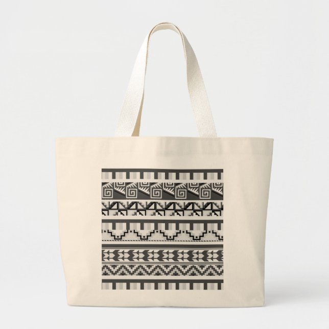 Grey Geometric Abstract Aztec Tribal Print Pattern Large Tote Bag (Front)