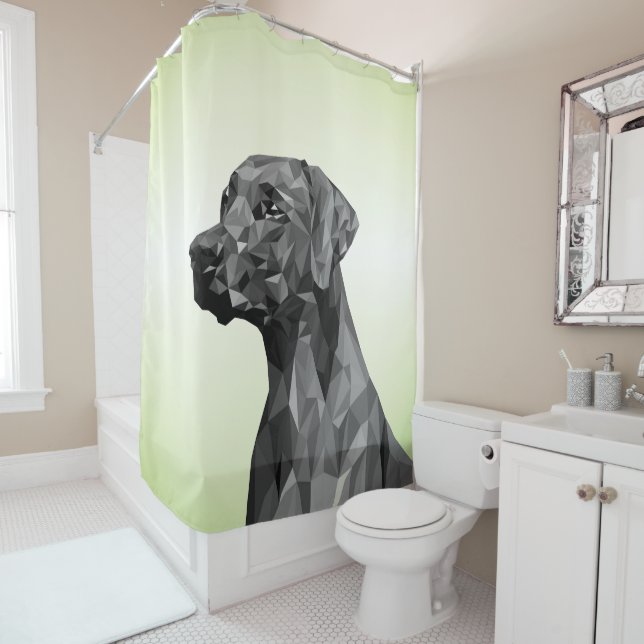 Grey Geometric Dog  Green Shower Curtain (In Situ)