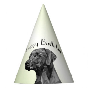 Grey Geometric Dog Happy Birthday Green Party Hat