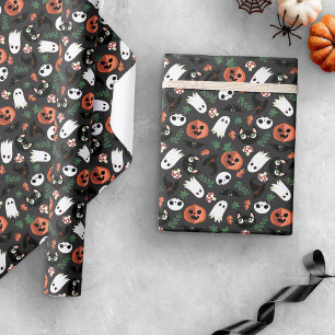 Grey Ghosts Bats Cats Pumpkins Halloween Pattern Wrapping Paper