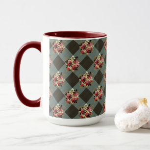 Grey Gingham and Burgundy Floral Country Mug