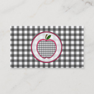Grey Gingham Apple Fashion Teacher Business Card
