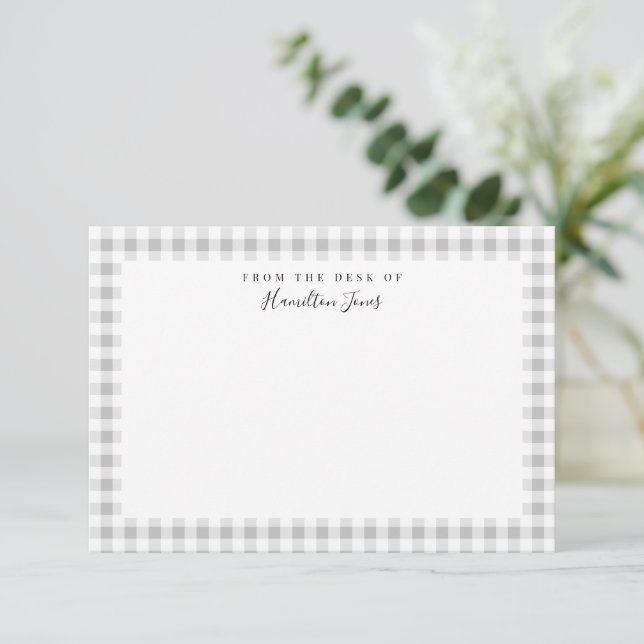 Grey Gingham Check From the Desk of Thank You Card (Standing Front)