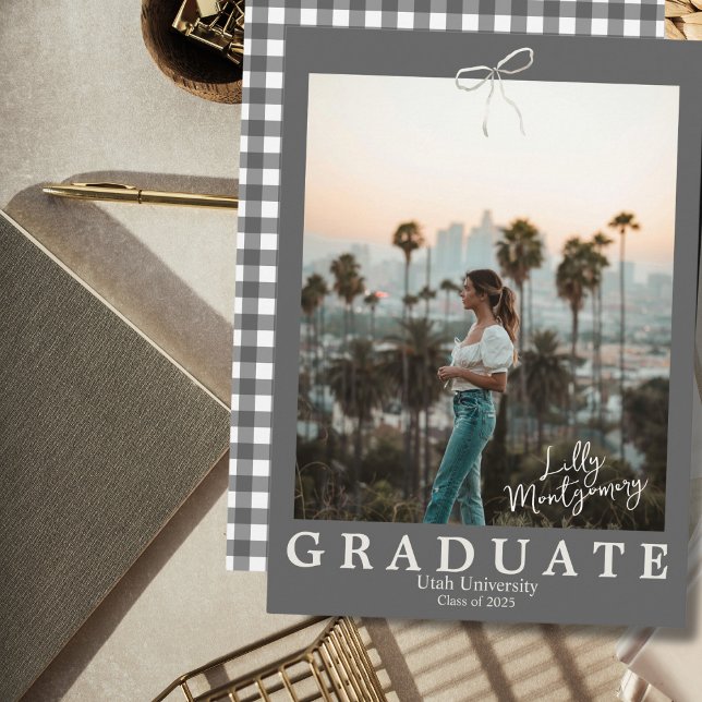 Grey Gingham Coquette Graduation Announcement (Creator Uploaded)