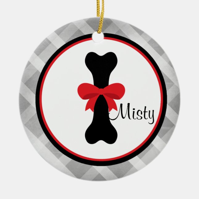 Grey Gingham Large Black Dog Bone Ornament (Front)