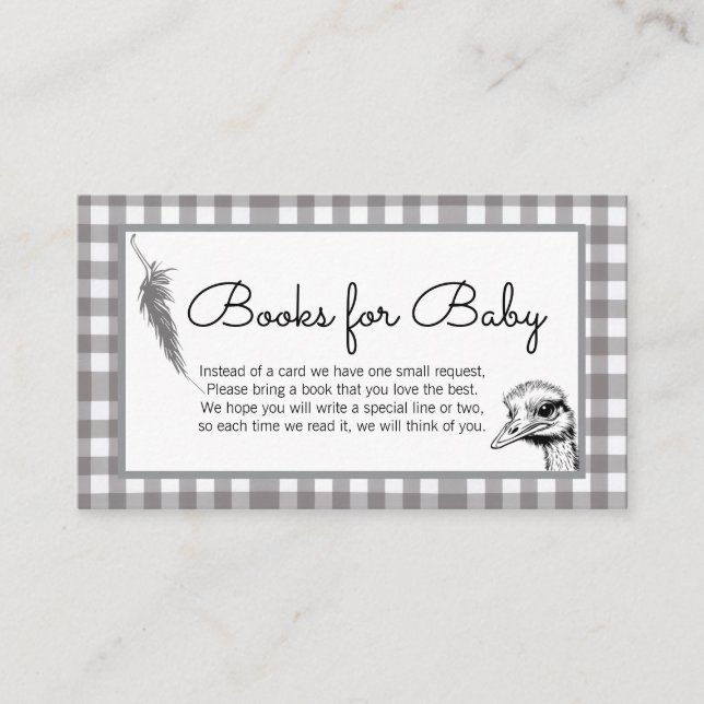 Grey Gingham Ostrich Books for Baby Enclosure Card (Front)