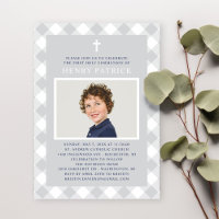Grey Gingham Plaid First Communion Boy Photo
