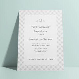 Grey Gingham Traditional Baby Shower Invitation