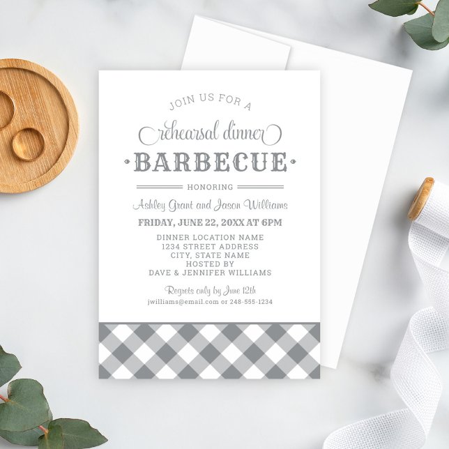 Grey Gingham Wedding Rehearsal Dinner Barbecue Invitation (Creator Uploaded)