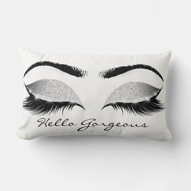 Grey Glitter Black Eyes Silver Makeup Lashes Hello Lumbar Cushion (Front)