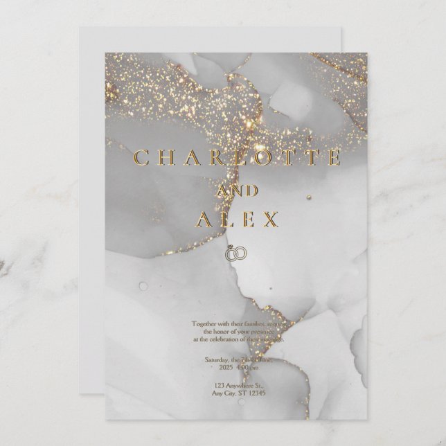 Grey Glitter Chic Alcohol Ink Wedding Invitation (Front/Back)