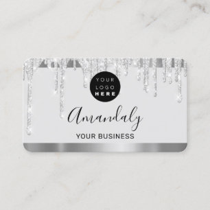 Grey Glitter Drips Silver Frame Qr Code Logo Business Card