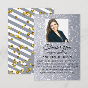 Grey Glitter Elegant Funeral Photo Thank You Card