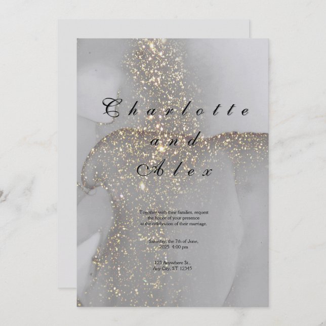 Grey Glitter Elegant  Ink Wedding Invitation (Front/Back)