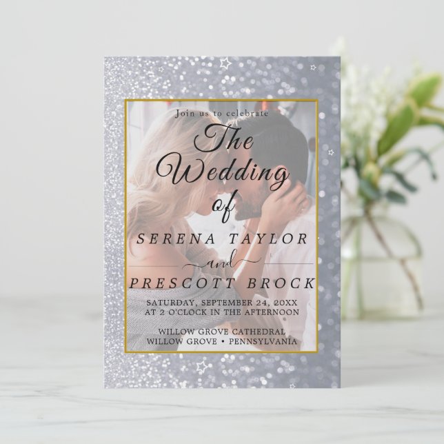 Grey Glitter Elegant Vellum Wedding Invitation (Standing Front)