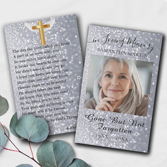 Grey Glitter Funeral Memorial Prayer Photo Card (Creator Uploaded)