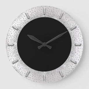 Grey Glitter Silver Grey Black Metallic Confetti Large Clock