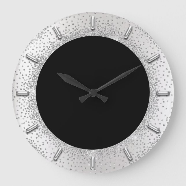 Grey Glitter Silver Grey Black Metallic Confetti Large Clock (Front)