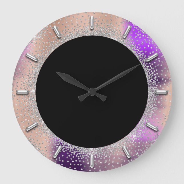 Grey Glitter Silver Grey Black Rose Purple Violet Large Clock (Front)