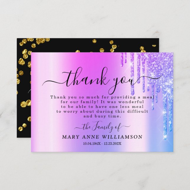 Grey Glitter Sparkly Funeral Food Thank You Card (Front/Back)
