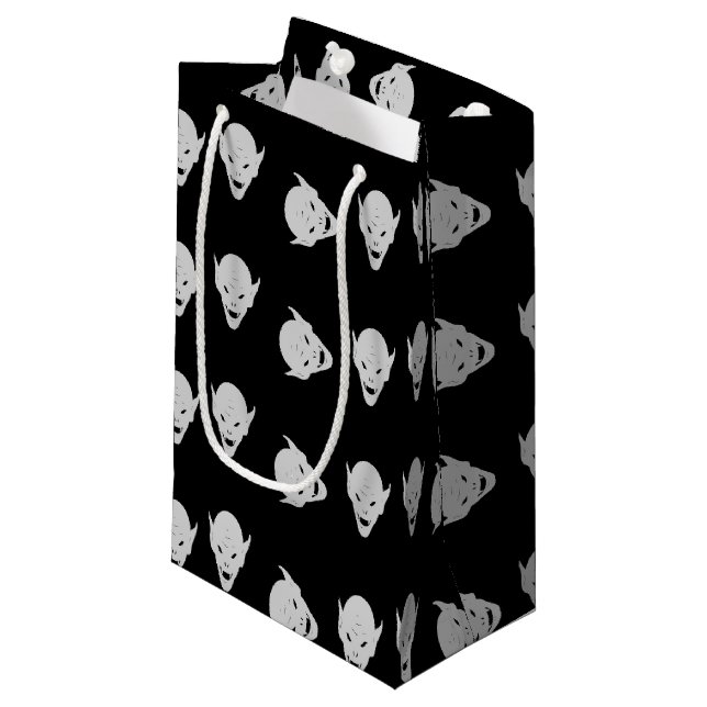 Grey goblin heads on black small gift bag (Front Angled)