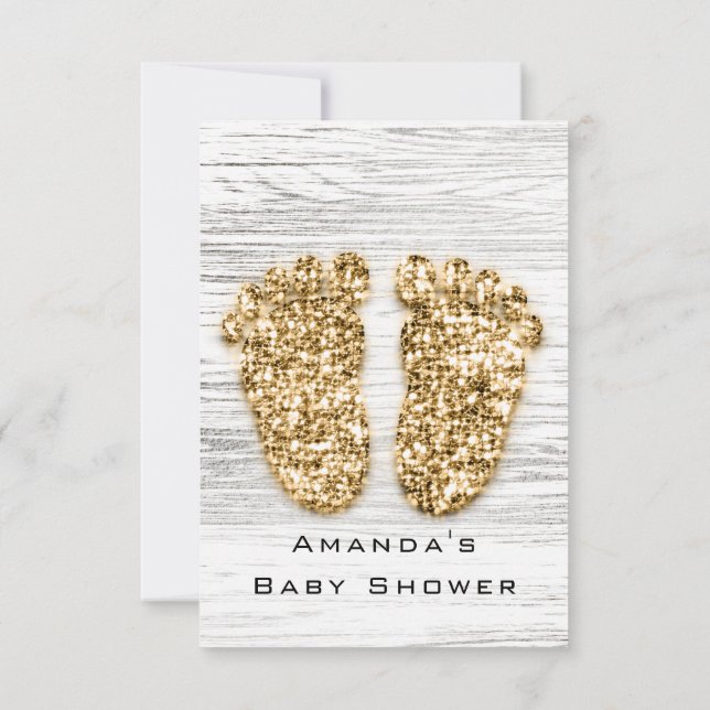 Grey Gold Baby Shower Feet Wood Rustic Girl Boy Invitation (Back)