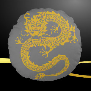 Grey, Gold & Black, Chinese Dragon Zodiac Round Cushion