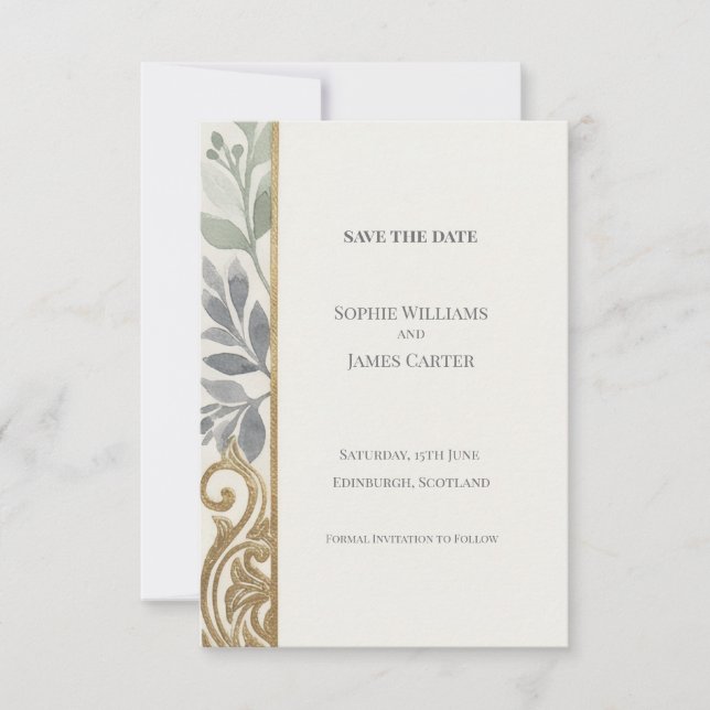 Grey Gold Botanical Scroll Save The Date Card (Front)