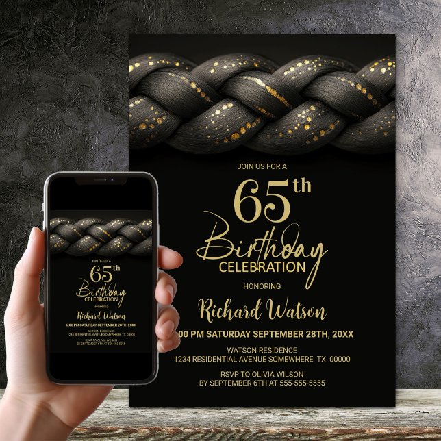 Grey Gold Braid 65th Birthday Party Invitation (Creator Uploaded)