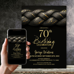 Grey Gold Braid 70th Birthday Party Invitation