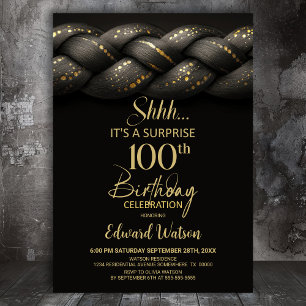Grey Gold Braid Surprise 100th Birthday Party Invitation