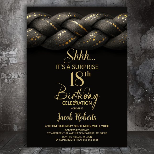 Grey Gold Braid Surprise 18th Birthday Party Invitation (Creator Uploaded)