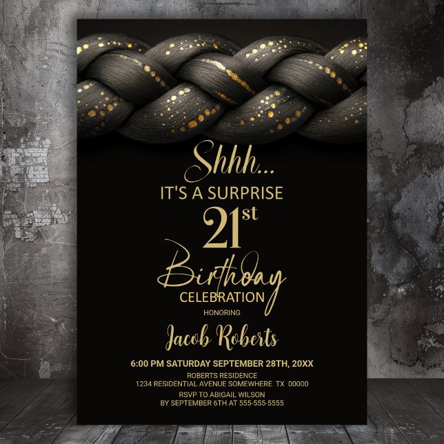 Grey Gold Braid Surprise 21st Birthday Party Invitation (Creator Uploaded)