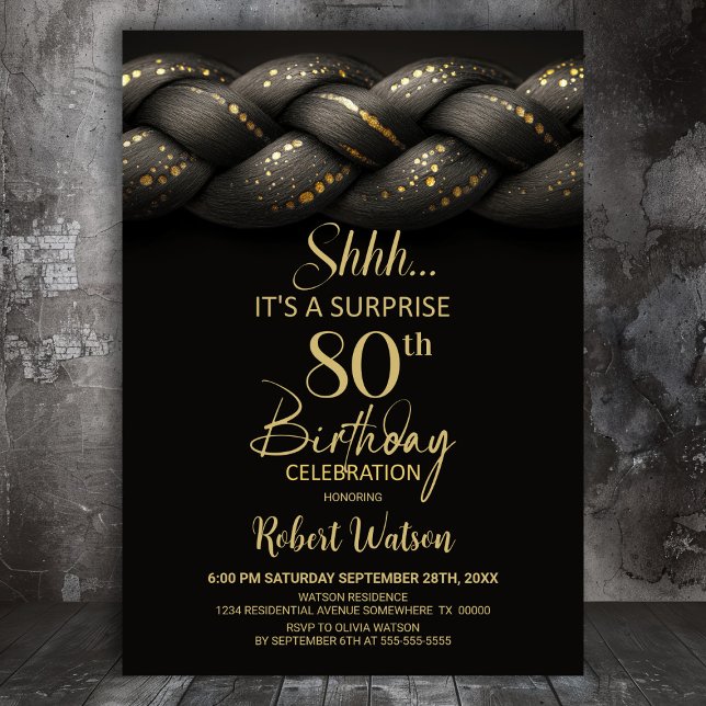 Grey Gold Braid Surprise 80th Birthday Party Invitation (Creator Uploaded)