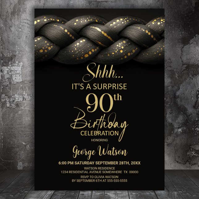 Grey Gold Braid Surprise 90th Birthday Party Invitation (Creator Uploaded)