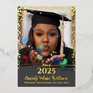 Grey Gold Confetti Foil Graduation Announcement